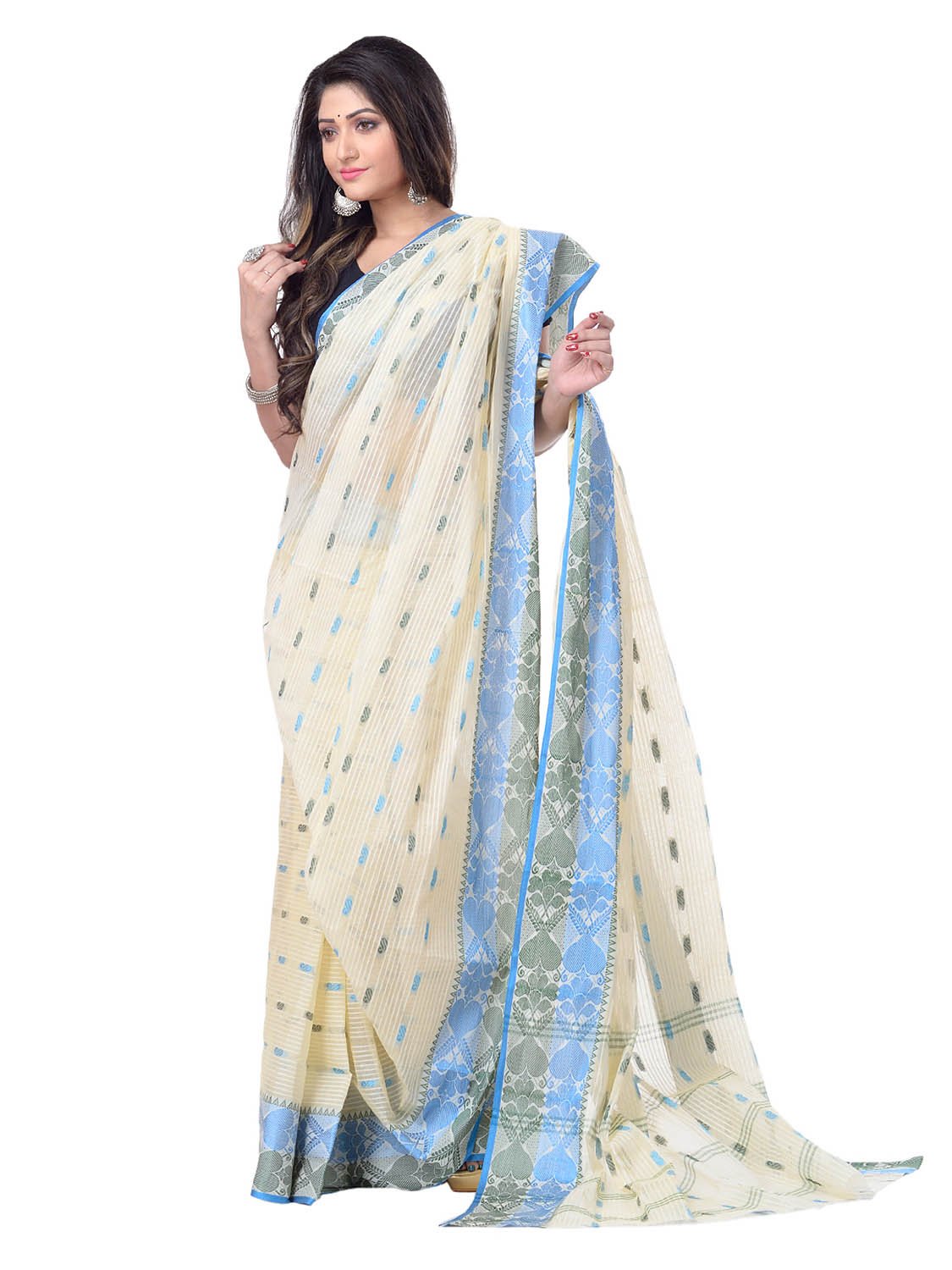 Women Pure Bengal Tant Traditional Handloom Bengali Cotton Saree Noyonchuri Design Without Blouse Piece